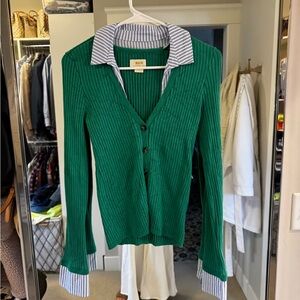Maeve Green Ribbed Cardigan with Striped Detail